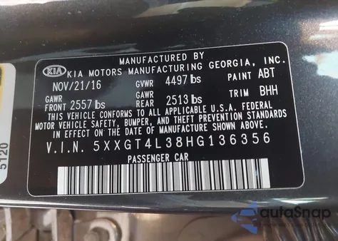 2017 Kia Optima Lx from USA, damaged, VIN 5XXGT4L38HG136356